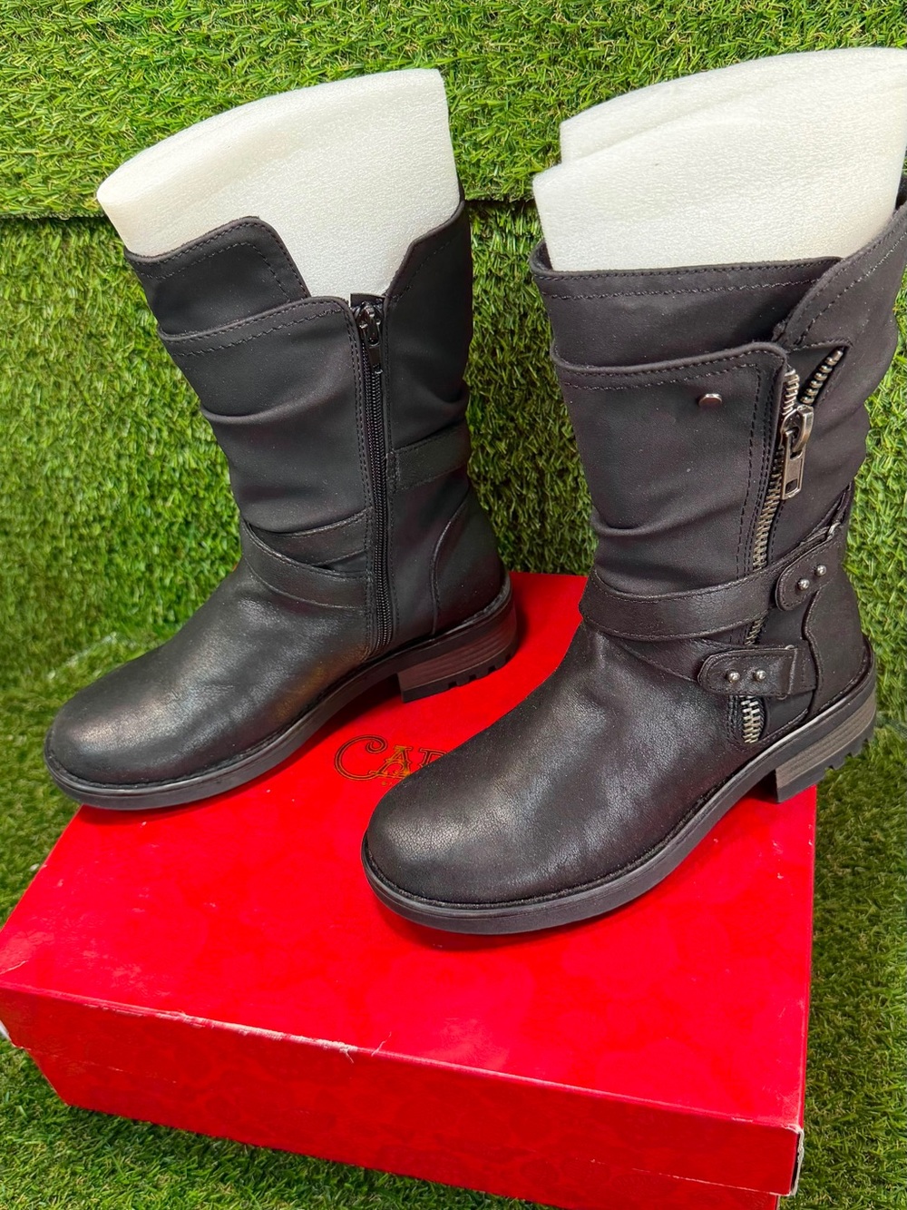 Carlos Santana Sawyer Black Moto Boots Womens Size 6M Mid Calf Buckle Zipper Box